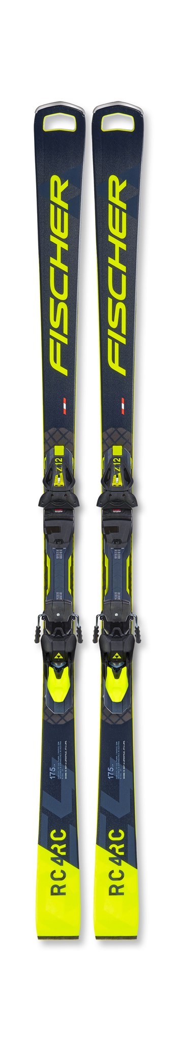 Deux skis `RC4 Worldcup RC` avec fixation `RC4 Z12`, design jaune et noir, vue de face sur fond blanc.