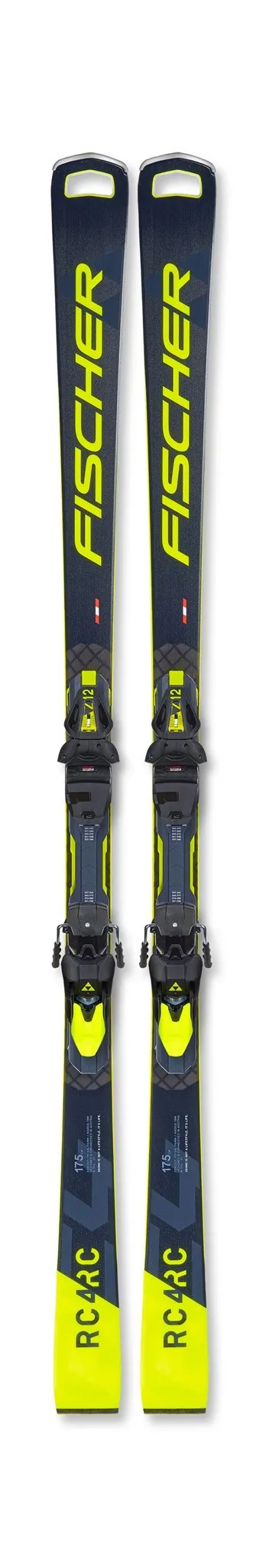 Deux skis `RC4 Worldcup RC` avec fixation `RC4 Z12`, design jaune et noir, vue de face sur fond blanc.
