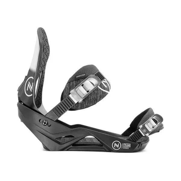 Black Nidecker Team snowboard binding, side view, hi-back slightly open.