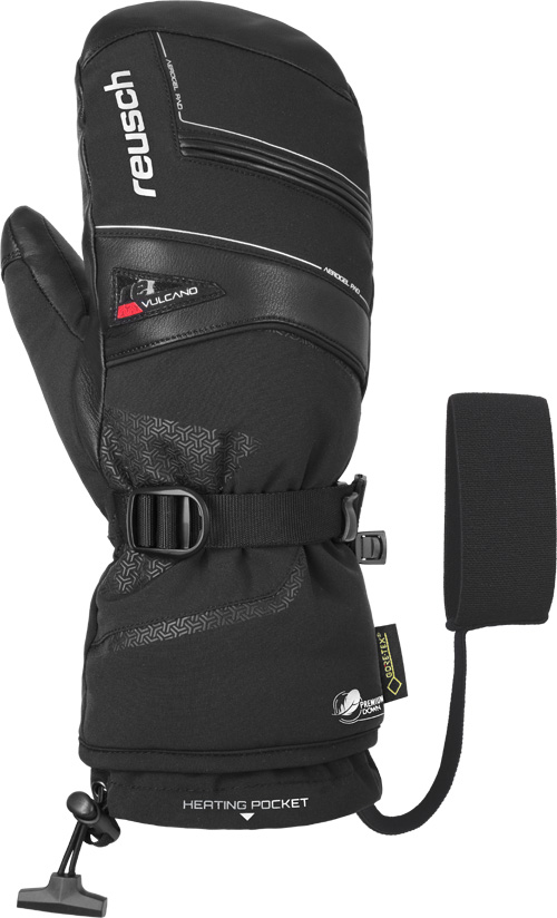 Reusch Volcano GTX Skihandschuh Schwarzer Reusch Volcano GTX Mitten Lady Skihandschuh mit Gore-Tex, Riegel, Logo und Handgelenkschlaufe im Detail.