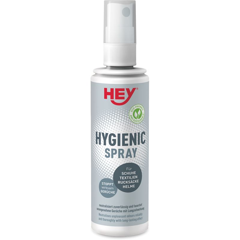 HEY hygienic spray bottle White spray bottle "HEY Hygienic Spray" with text and logos on a gray background. Suitable for shoes, textiles, rucksacks and helmets.
