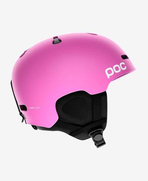 Pinker Auric Cut Skihelm mit POC-Logo und Belüftungsöffnungen, Seitenansicht.