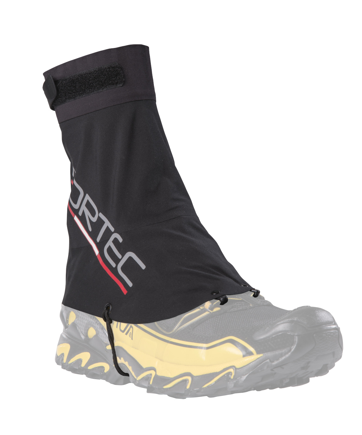 Schwarze Nortec Micro Gaiter über einem grauen Laufschuh, seitliche Ansicht. Klettverschluss oben, Schnellschnürung unten.