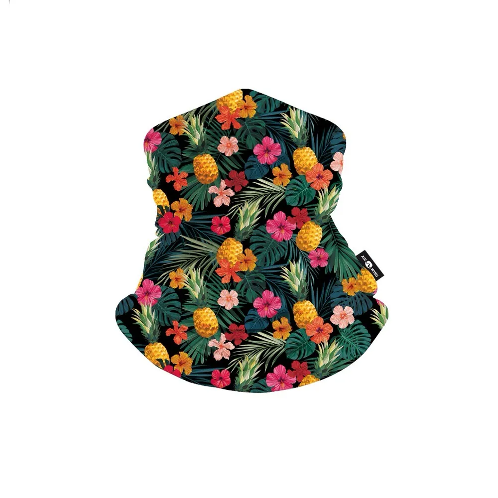 Tube scarf with Hawaiian pattern. Pineapple, hibiscus flowers and tropical leaves on a black background.