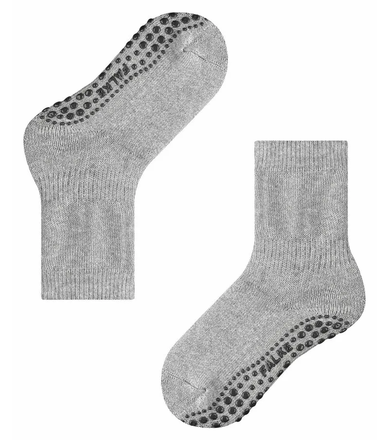Deux chaussettes grises pour enfants avec picots de Catspads, une couchée et une debout.