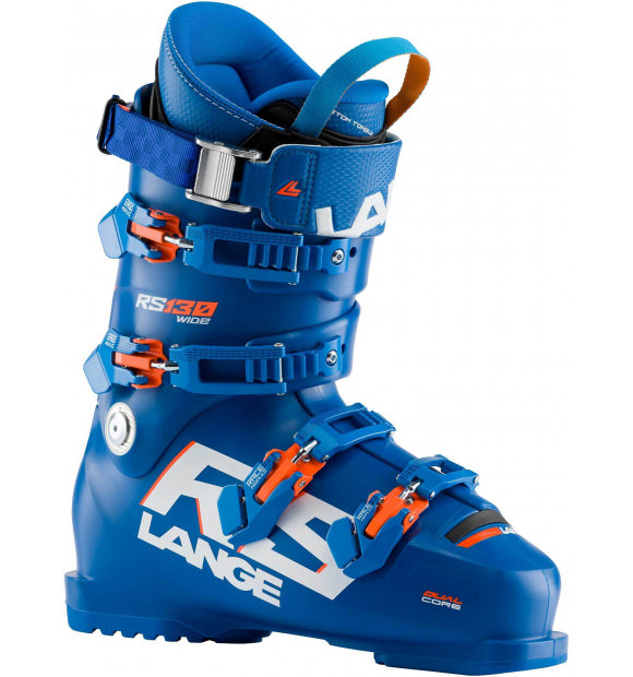 Chaussure de ski bleue Lange  Chaussure de ski bleue Lange RS 130 Wide avec boucles et inscription blanche Lange.