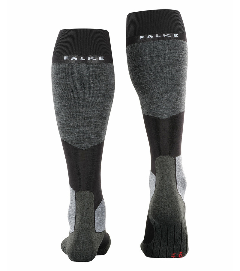 Zwei Falke SK6 Skiing Kniestrümpfe in Schwarz-Grau von hinten.