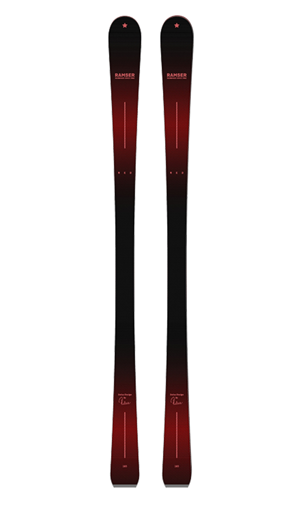 Zwei RED SL LTD Skier Zwei Ramser RED SL LTD Ski, von oben gesehen, mit schwarzem und rotem Farbverlauf.