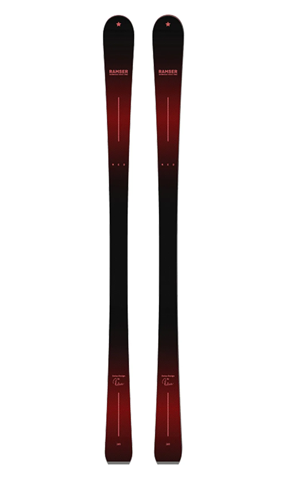 Zwei Ramser RED SL LTD Ski, von oben gesehen, mit schwarzem und rotem Farbverlauf.