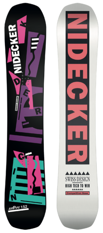 Zwei Nidecker The Air Pipe Snowboards von 2021, eines schwarz mit bunten Formen, eines weiß mit pinkfarbenem Schriftzug.
