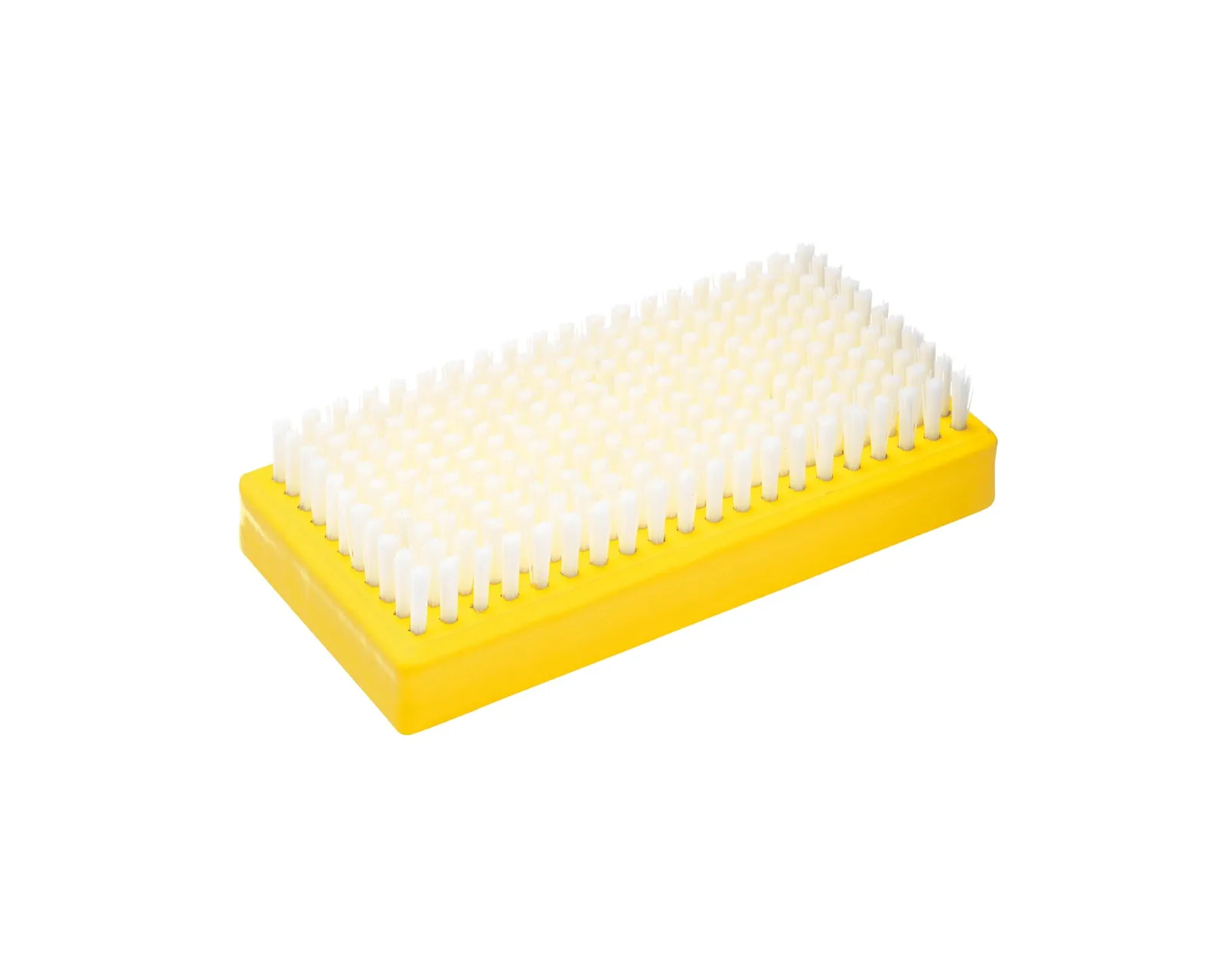 Yellow brush with rectangular head and dense, white nylon bristles for ski and snowboard wax.