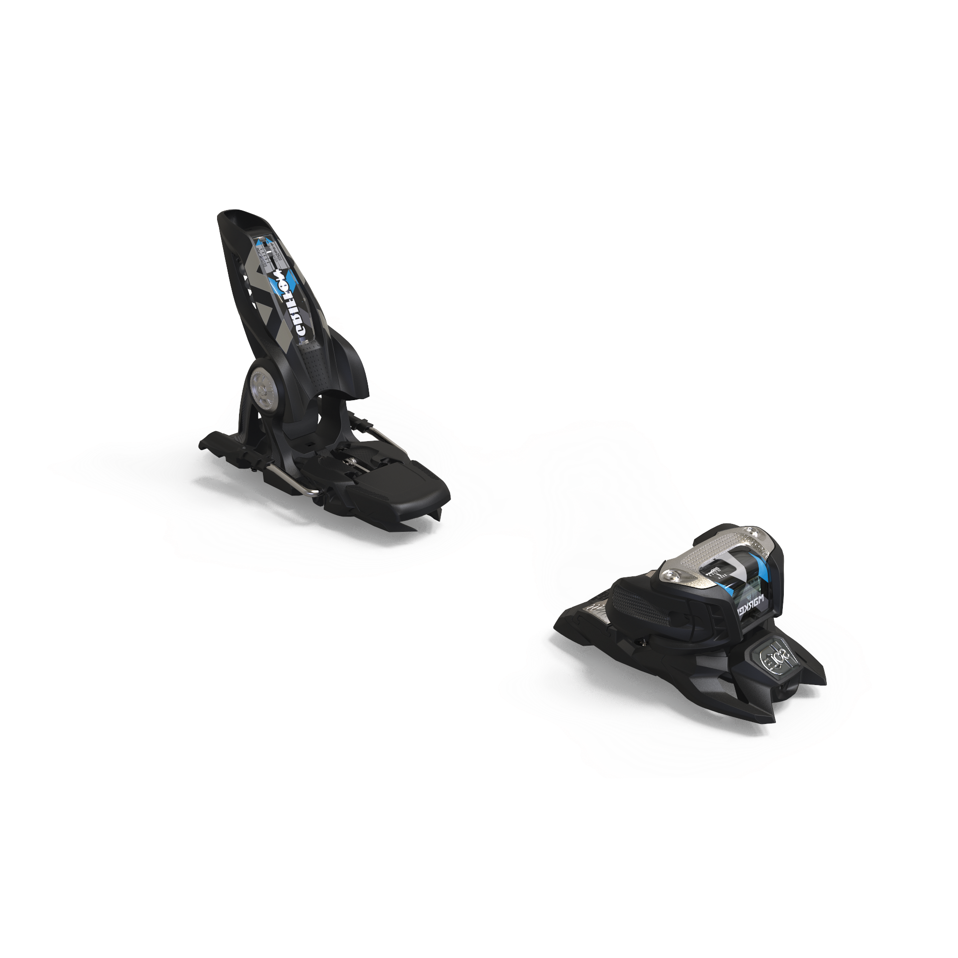 Deux fixations de ski noires, modèle Griffon 13 ID, sur fond clair.