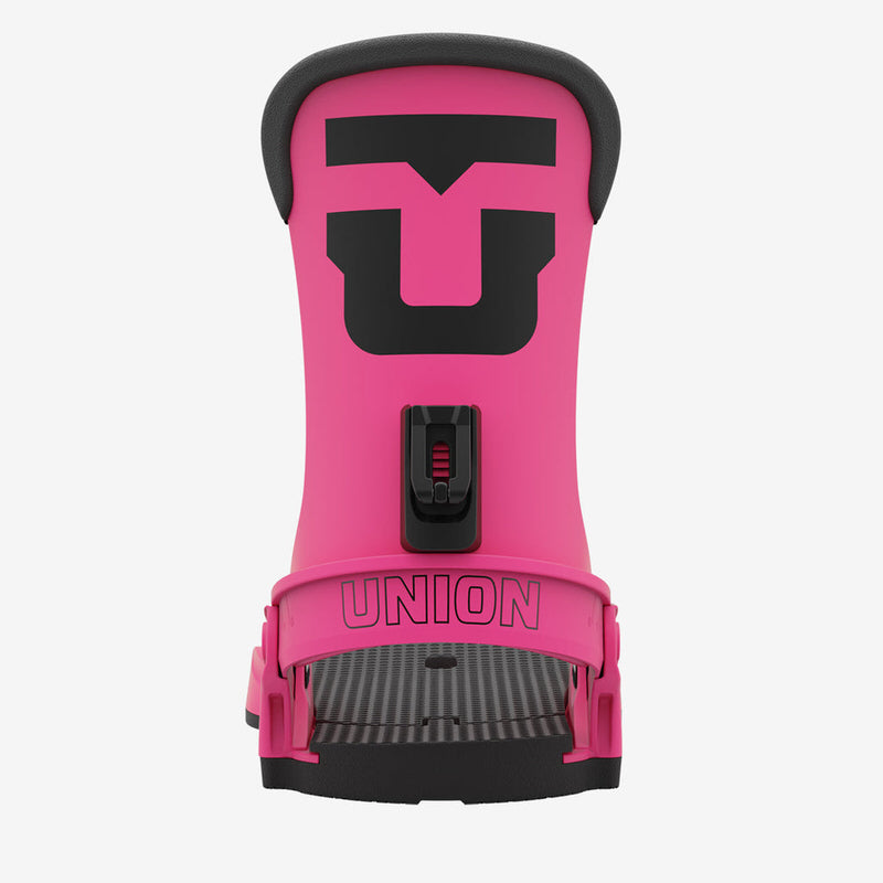 Nahaufnahme einer Hot Pink Union Force Snowboardbindung.