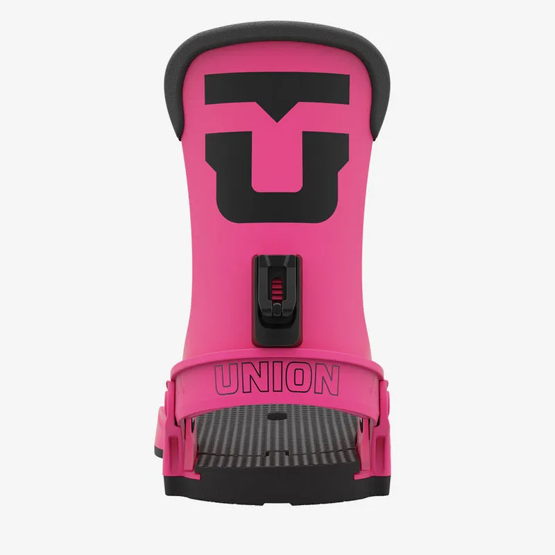 Close-up of a Hot Pink Union Force snowboard binding.