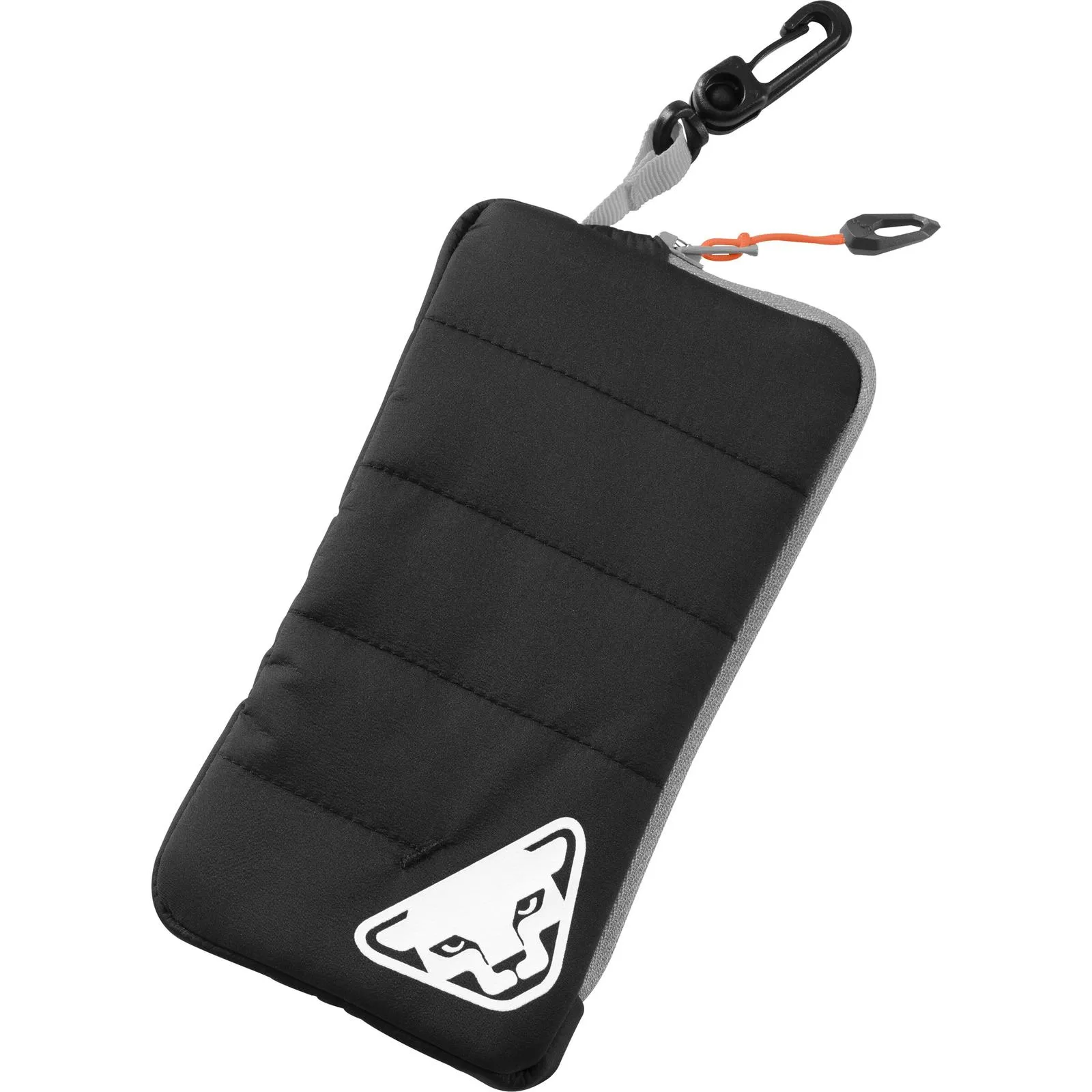 Marsupio nero isolato per cellulare con cerniera, moschettone e logo Dynafit.