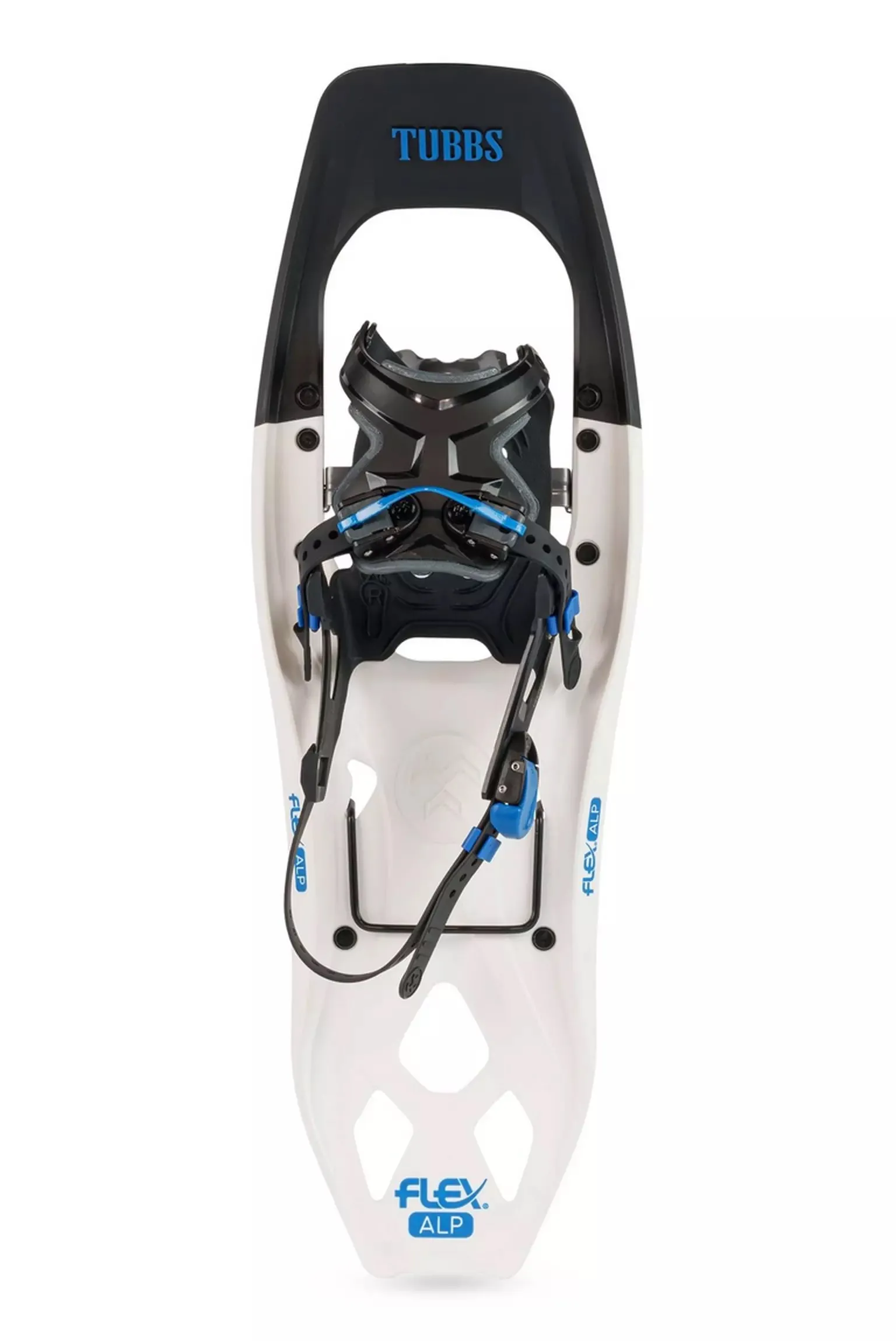 A white Tubbs Flex Alp 25 men's snowshoe with blue accents, photographed from above, with binding and 'FLEX ALP' inscription.
