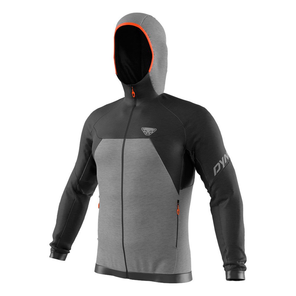Graue Dynafit Tour Wool Thermal Herrenjacke mit Kapuze, durchgehendem Reißverschluss und farblich abgesetzten Details.