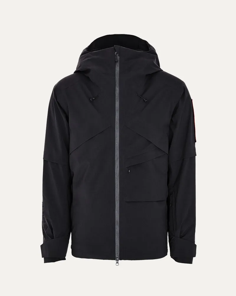 Schwarze S-1 Gore Tex 2L Stretch Insulated Jacket mit Kapuze und durchgehendem Reißverschluss.