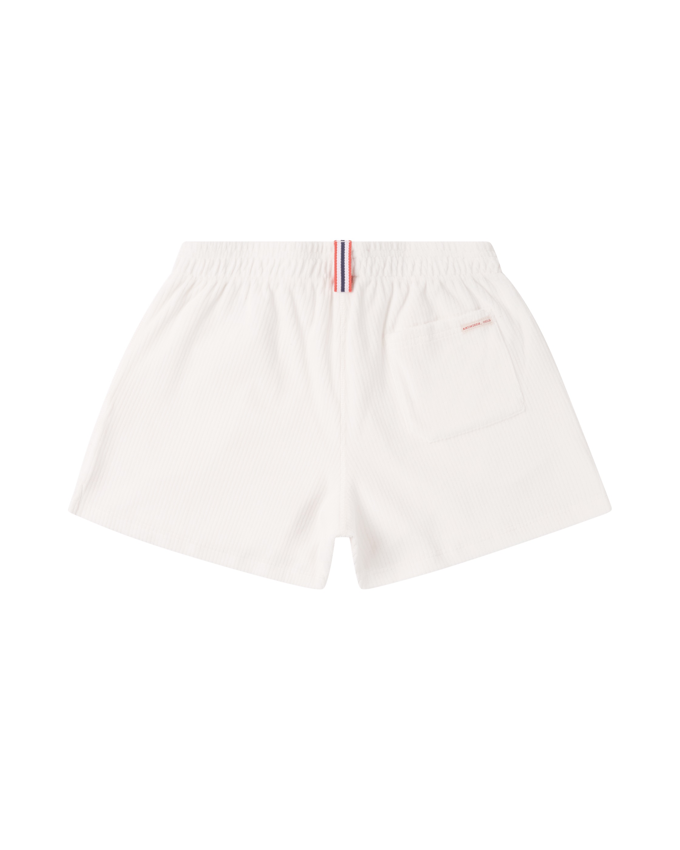 White corduroy shorts with elastic waistband and red/blue stripe pattern, single back pocket.