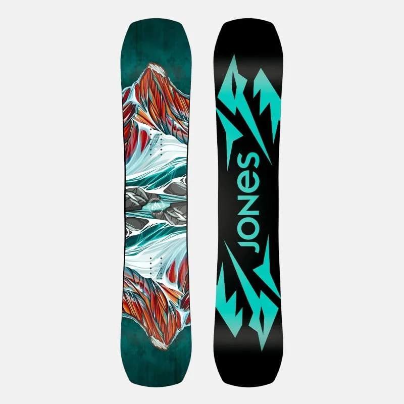 Zwei Jones Twin Sister Snowboards. Eins mit Bergmotiv, das andere schwarz mit blauem Schriftzug.