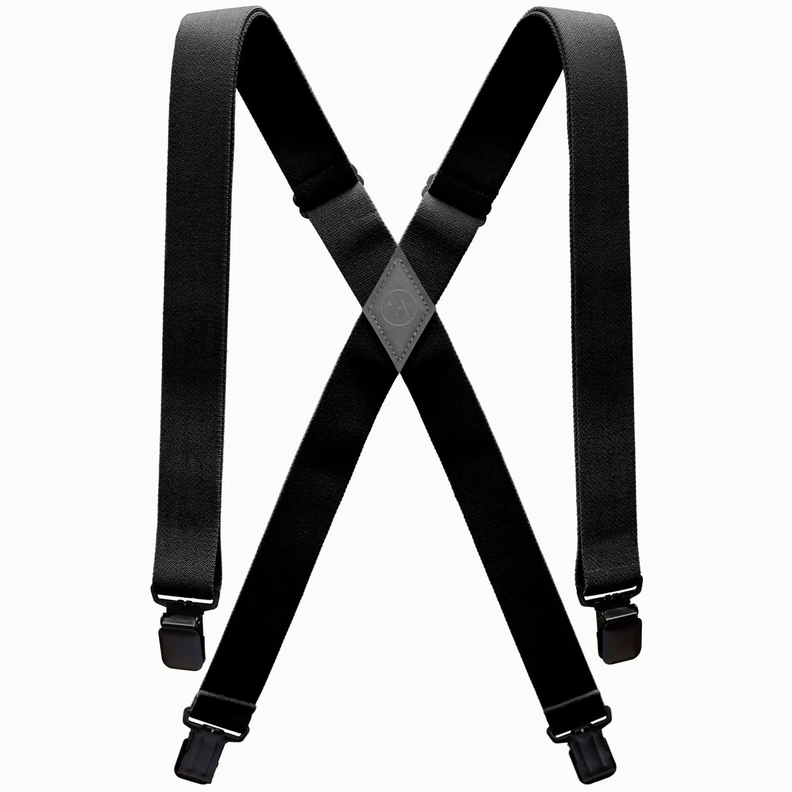 Schwarze Hosenträger in X-Form mit Clips und grauem Lederstück mit Logo.