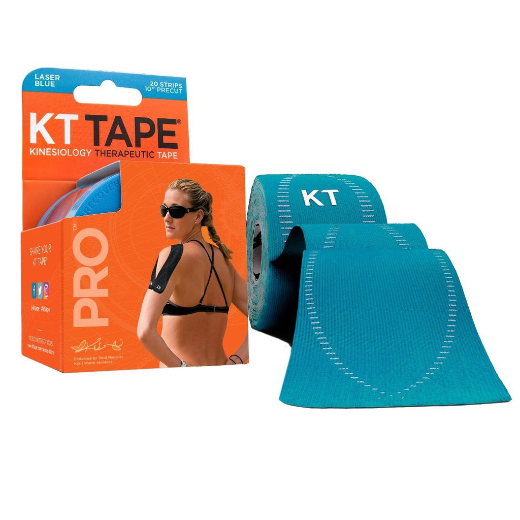 Verpackung und Rolle KT Tape Pro Laser Blue, Kinesiologie Tape. Die Rolle ist blau mit weißen Markierungen und "KT" Aufdruck.