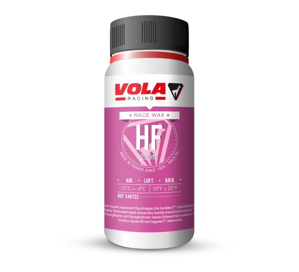 Eine Flasche Vola Racing Race Violet HF Flüssigwachs, Etikett mit Logos und Text.

