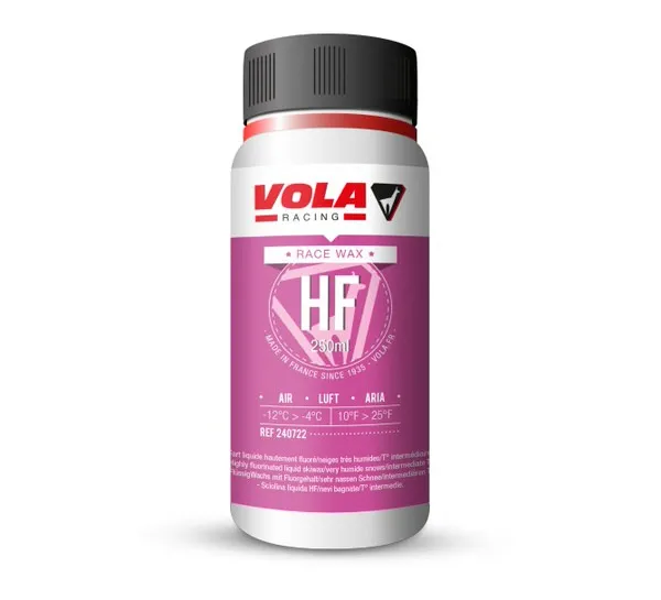 Eine Flasche Vola Racing Race Violet HF Flüssigwachs, Etikett mit Logos und Text.