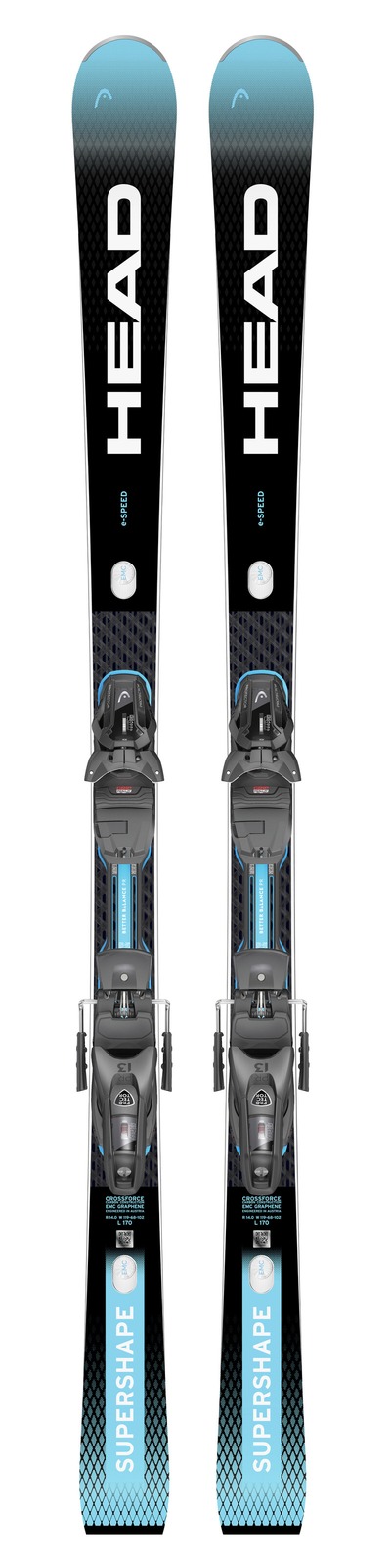 Two Head Supershape e-Speed skis with bindings mounted from above. The design is black, white and turquoise.