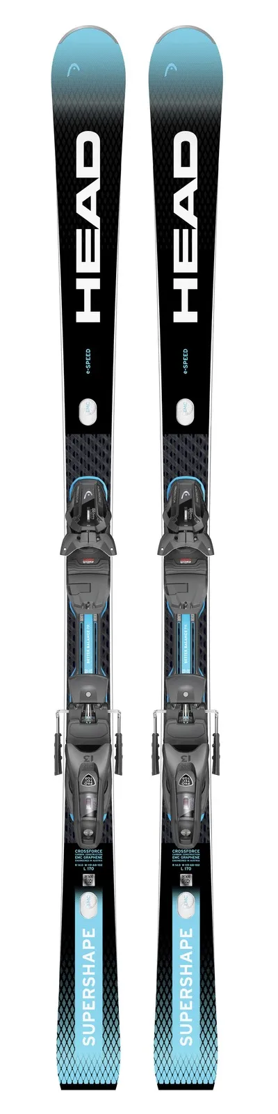 Two Head Supershape e-Speed skis with bindings mounted from above. The design is black, white and turquoise.