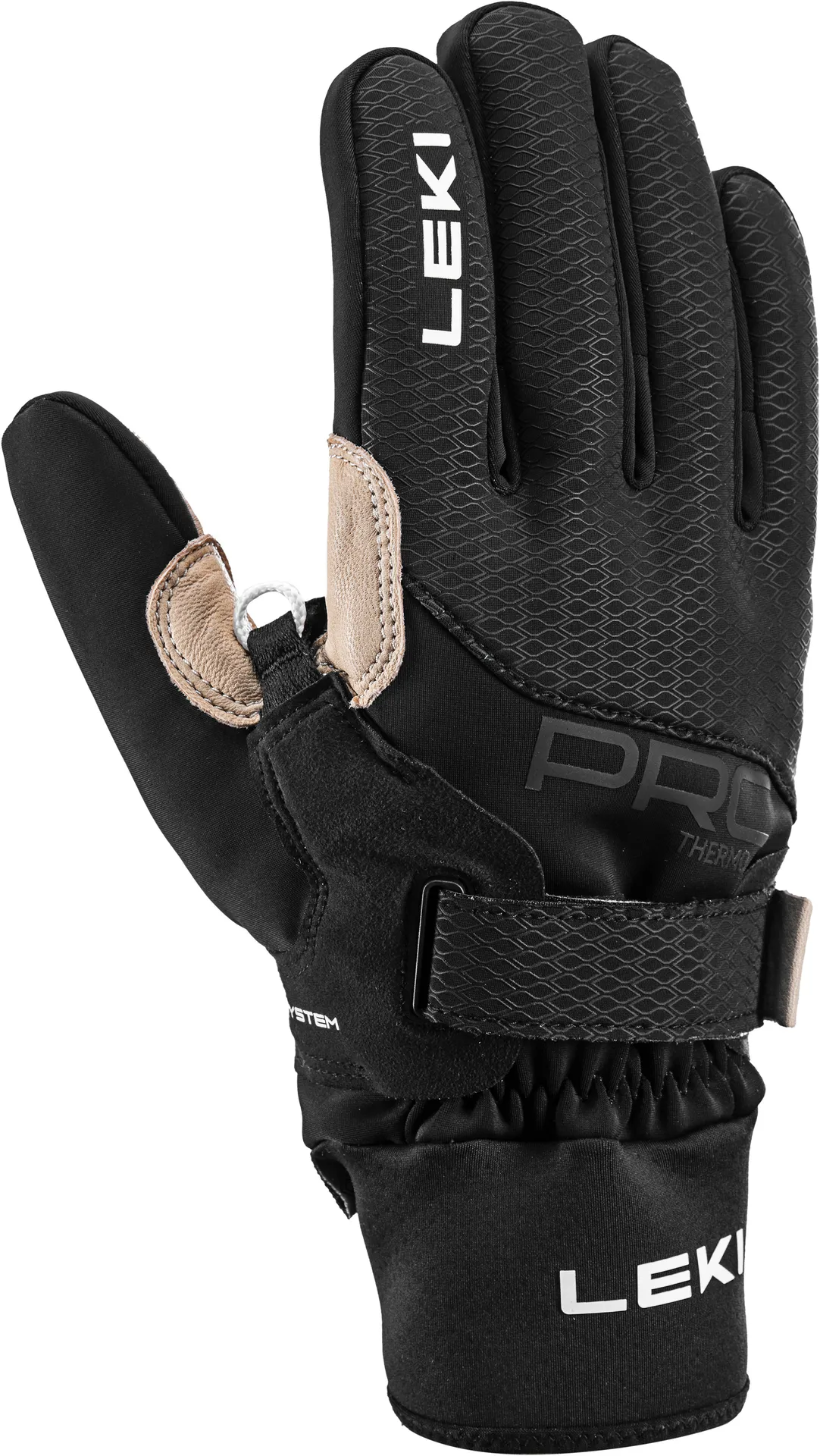 Gant noir Leki PRC Premium Thermo Plus Shark, vu de côté, avec logo visible, fermeture et détails en cuir.