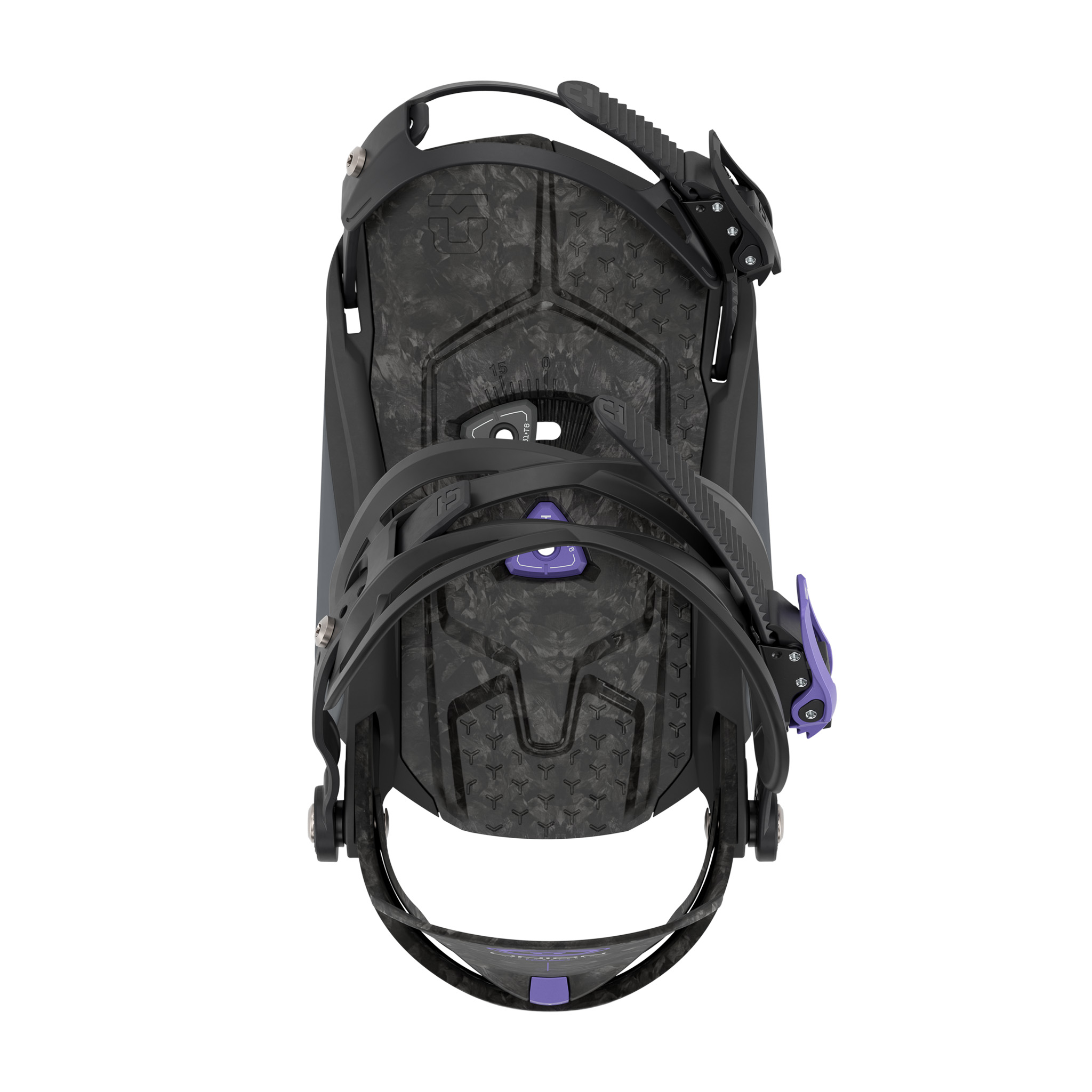 Close-up of a snowboard binding with a black design and purple accents.