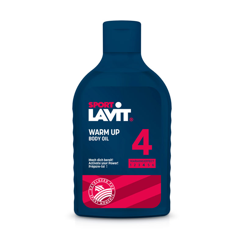 Blaue Flasche Sport Lavit Warm Up Body Oil mit roter Schrift und Wärmegrad-Anzeige.