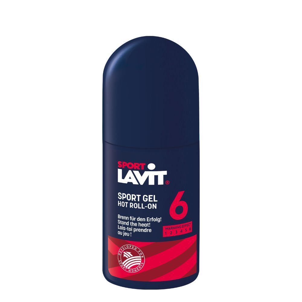 Sportgel Hot Roll-on Bouteille de gel sportif SPORT LAVIT Hot Roll-on bleu foncé avec inscription rouge et échelle de chaleur rouge.