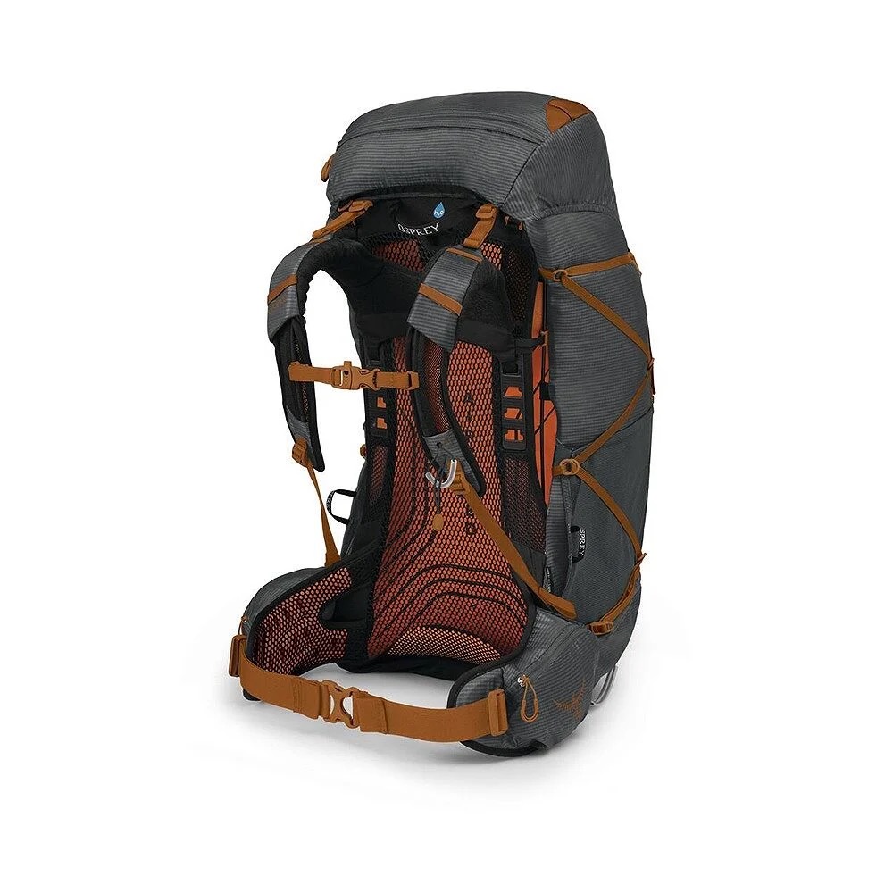 Dunkelgrauer Osprey-Rucksack mit orangen Akzenten, schräg von hinten. Belüftete Rückenpartie mit orangem Netz und Polstern. Schulter- und Hüftgurt in Orange/Dunkelgrau für Komfort und Halt. Seitenriemen sichtbar.