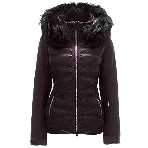 Dunkelviolette Toni Sailer Heloise Jacke mit Echtpelzbesatz an der Kapuze, Frontreißverschluss.