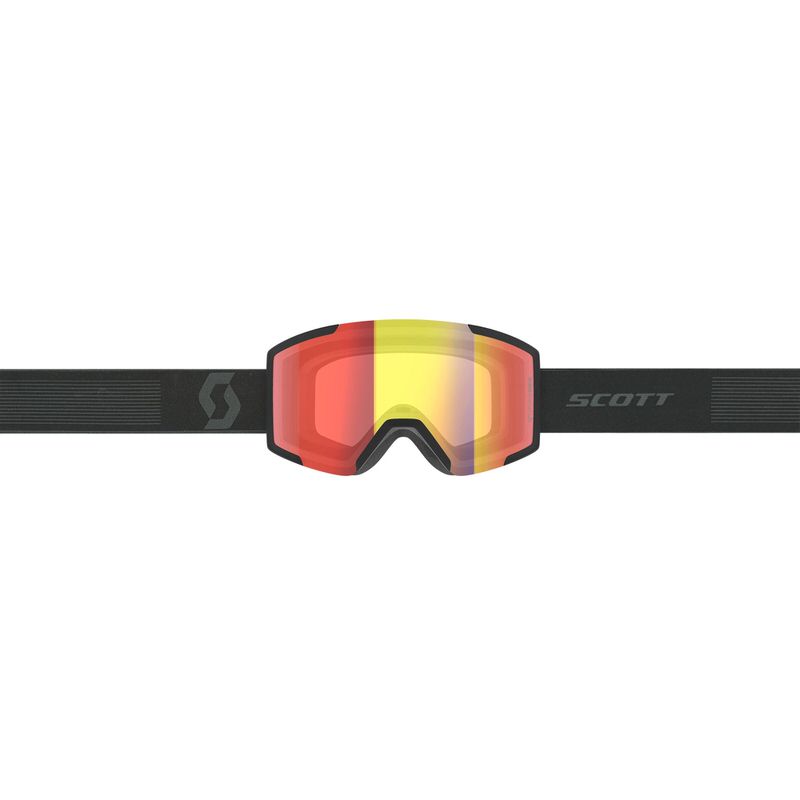 Scott Shield Light Sensitive Skibrille in Schwarz mit farbiger, zylindrischer Scheibe und breitem, verstellbarem Brillenband.