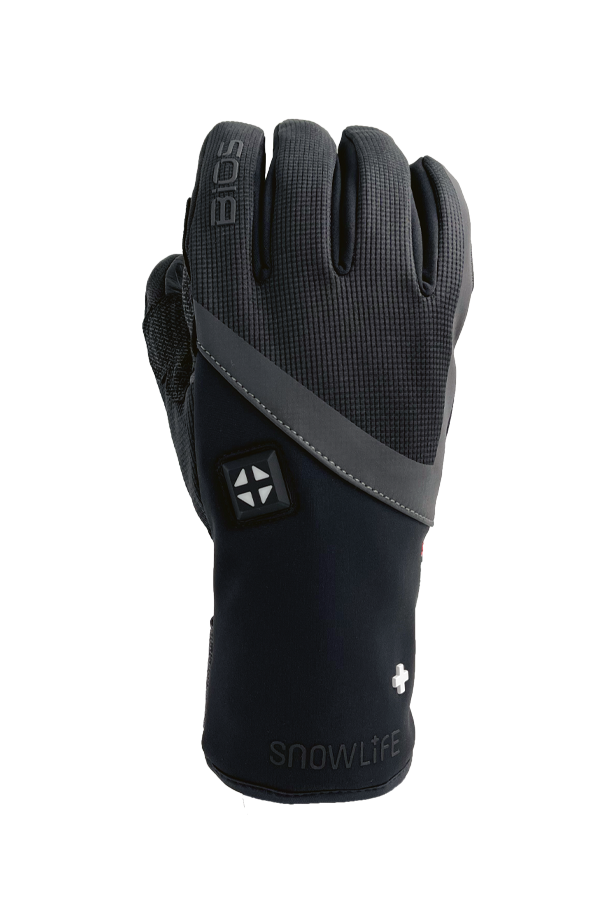 Schwarzer Snowlife BIOS Heat DT Handschuh, frontal, mit Bedienknopf und Markenlogo.