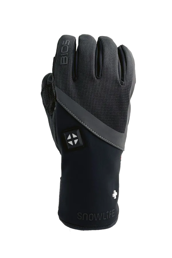 Black Snowlife BIOS Heat DT glove, front, with control button and brand logo.