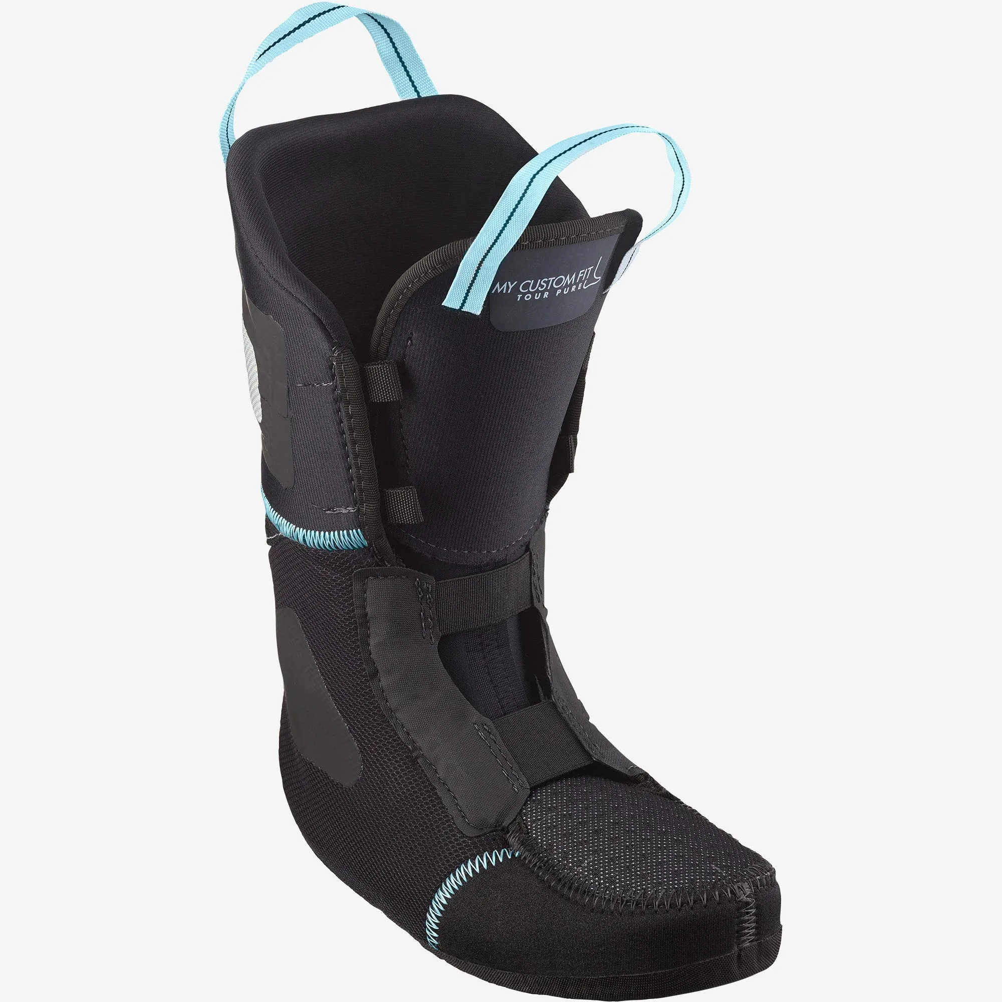 Vue intérieure d'une chaussure de ski de randonnée noire Salomon MTN Summit Pure W avec des détails turquoises.