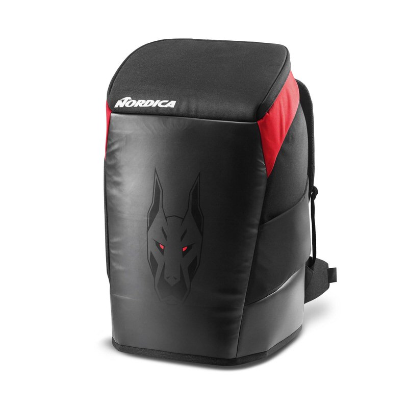 Schwarzer Nordica Race XL Gear Pack Rucksack mit Dobermann Logo und roten Akzenten.