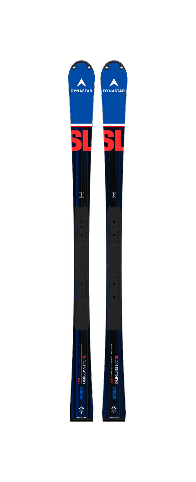 Blau-schwarze Dynastar Speed Omeglass Master SL Ski von vorne, mit roter "SL" Schrift.