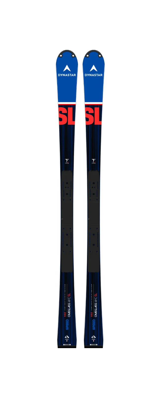 Ski bleu et noir Dynastar Speed Omeglass Master SL vu de face, avec l'inscription "SL" en rouge.