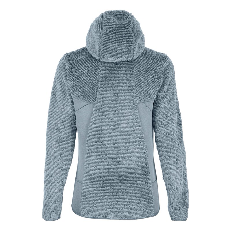 Hellblaue Damen Fleecejacke (Tognazza Polarlite) von hinten mit Kapuze.