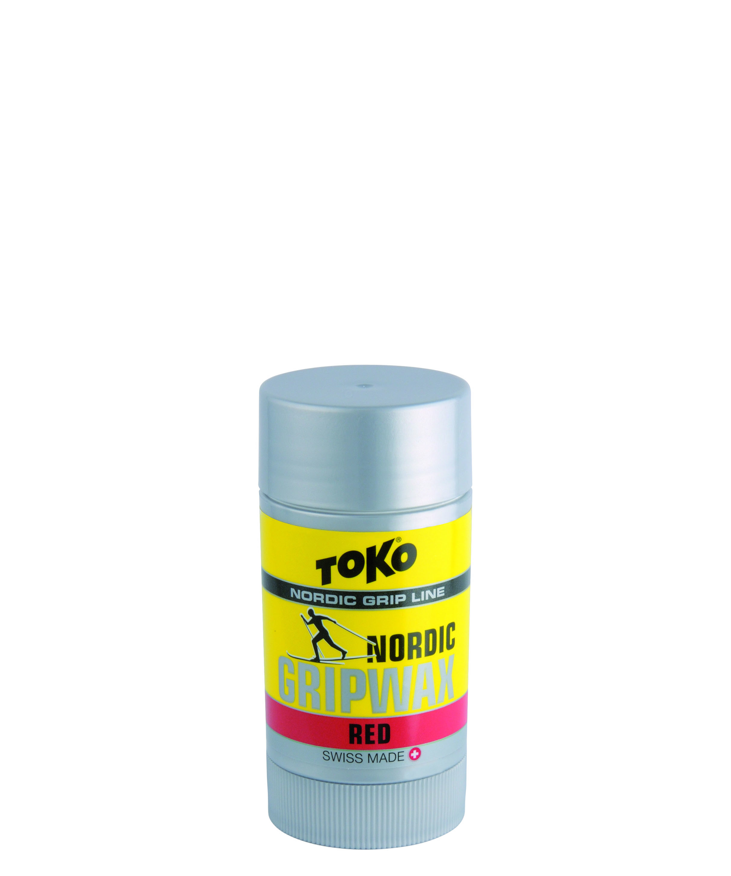 Silberne Dose mit gelbem Etikett und rotem Bereich, aufgedruckt ist "Nordic GripWax red".