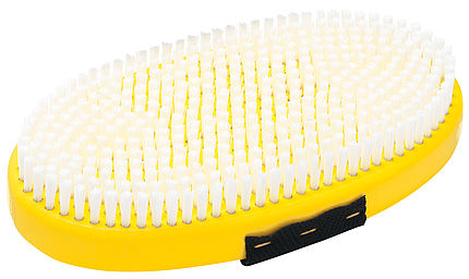 Brosse jaune ovale Toko avec poils en nylon blanc et courroie de maintien noire.