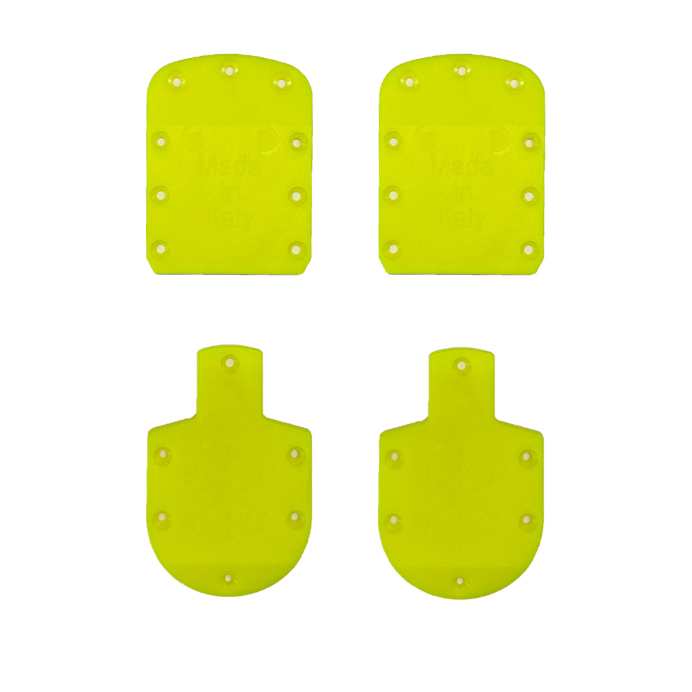 Gelbe 5mm Ski-Lifter Sohlen für Skischuhe, zwei Formen mit Schraublöchern, "Made in Italy" Schriftzug.