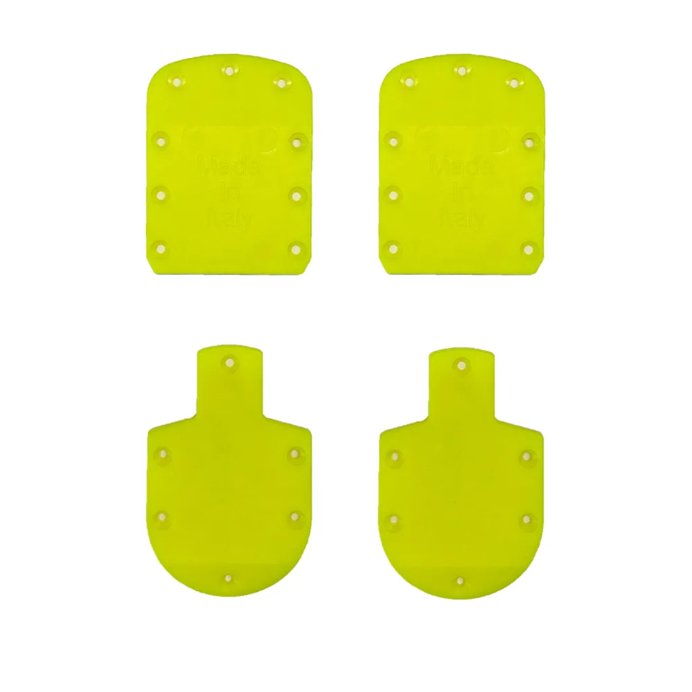 Semelles jaunes Ski-Lifter de 5 mm pour chaussures de ski, deux formes avec trous de vis, inscription "Made in Italy".