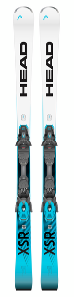 Paar Head Ski 2025 Paar Head Ski Worldcup Rebels e.XSR 2025, Frontansicht. Weißes Oberteil mit schwarzer Schrift, türkis Akzente, montierte Bindung.