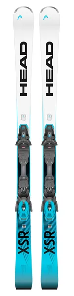Paire Head Ski Worldcup Rebels e.XSR 2025, vue de face. Dessus blanc avec écriture noire, accents turquoises, fixations montées.